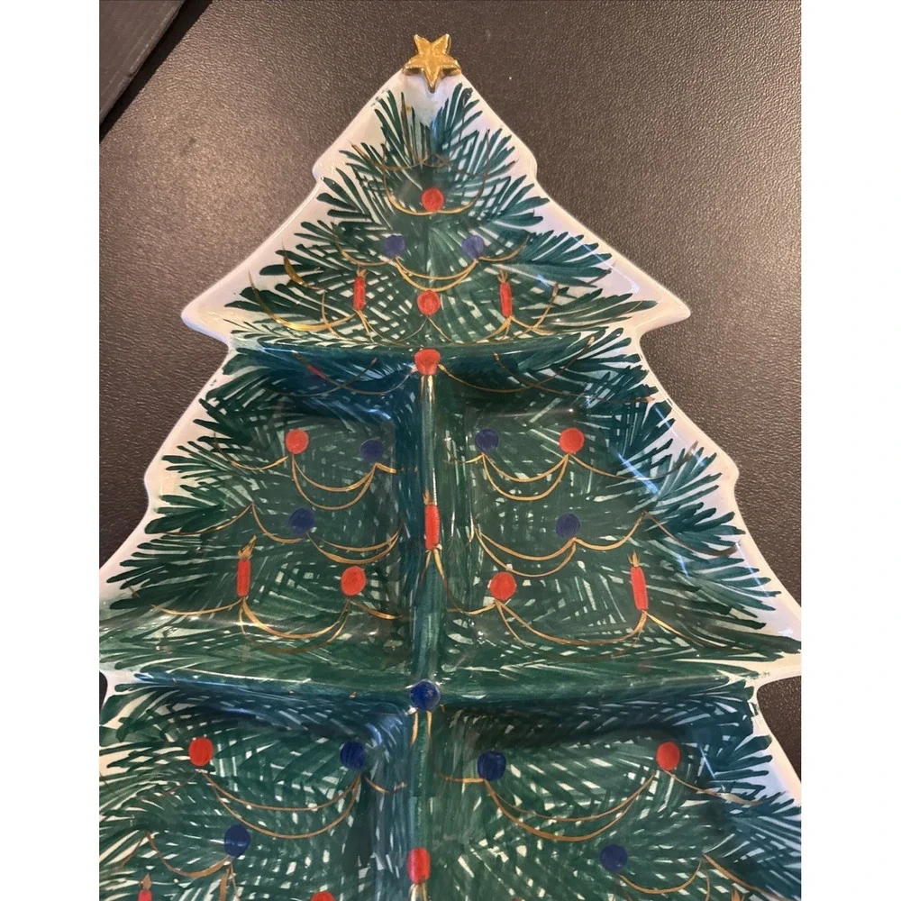 Vintage‎ Handpainted Ceramic Christmas Tree Divided Serving Tray Dish Italy
